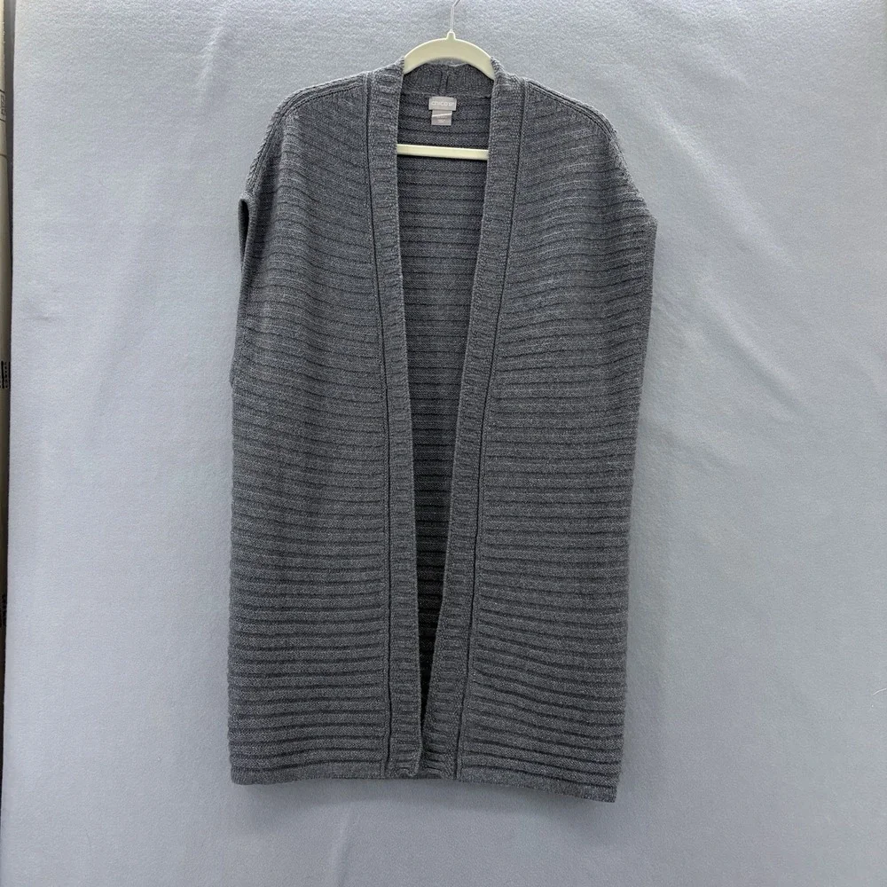 Chicos Size 0 Small Shimmer Long Open Front Sweater Vest Gray Boho Casual Staple